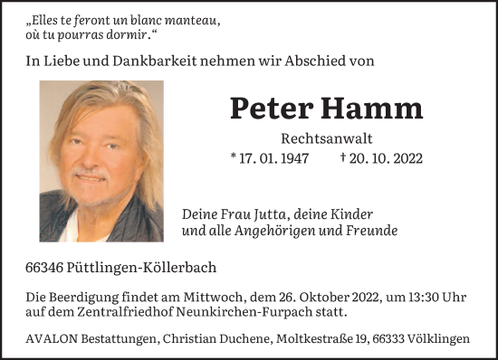 Todesanzeige von Peter Hamm von saarbruecker_zeitung