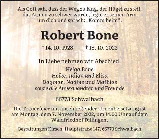 Todesanzeige von Robert Bone von saarbruecker_zeitung