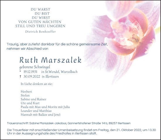 Todesanzeige von Ruth Marszalek von saarbruecker_zeitung