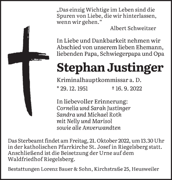 Todesanzeige von Stephan Justinger von saarbruecker_zeitung