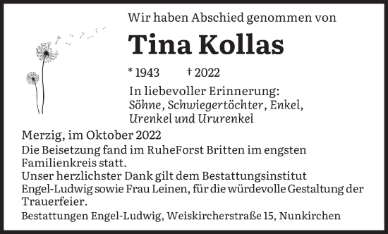 Todesanzeige von Tina Kollas von saarbruecker_zeitung