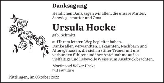 Todesanzeige von Ursula Hocke von saarbruecker_zeitung