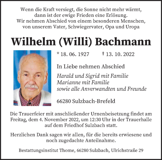 Todesanzeige von Wilhelm Bachmann von saarbruecker_zeitung