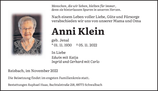 Todesanzeige von Anni Klein von saarbruecker_zeitung