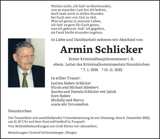 Todesanzeige von Armin Schlicker von saarbruecker_zeitung