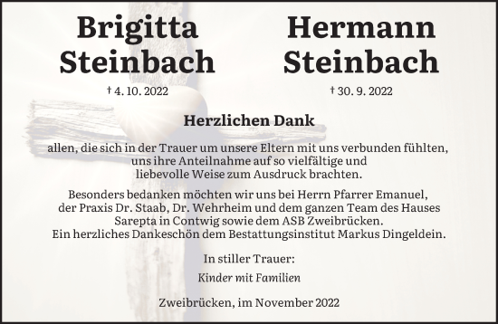 Todesanzeige von Brigitta und Hermann Steinbach von saarbruecker_zeitung