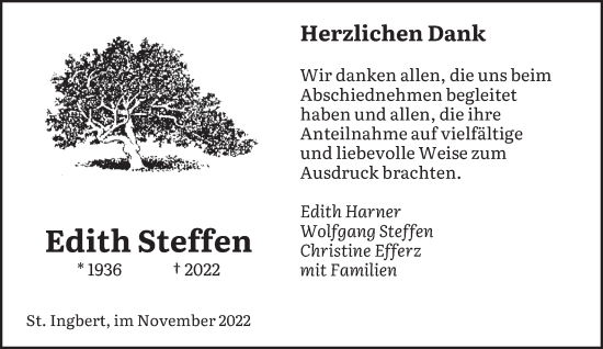 Todesanzeige von Edith Steffen von saarbruecker_zeitung