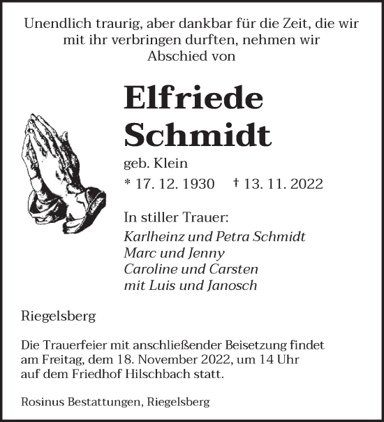 Todesanzeige von Elfriede Schmidt von saarbruecker_zeitung