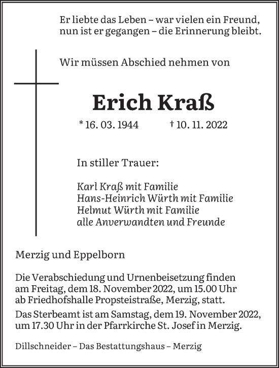 Todesanzeige von Erich Kraß von saarbruecker_zeitung