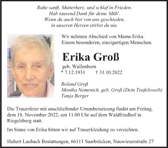 Todesanzeige von Erika Groß von saarbruecker_zeitung