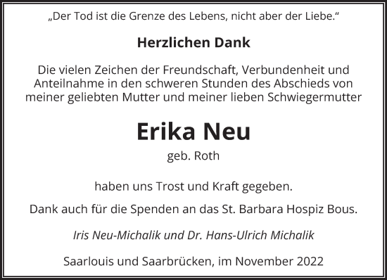 Todesanzeige von Erika Neu von saarbruecker_zeitung