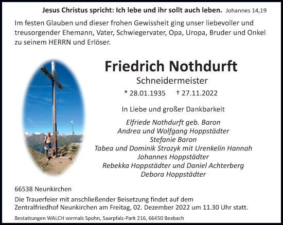 Todesanzeige von Friedrich Nothdurft von saarbruecker_zeitung