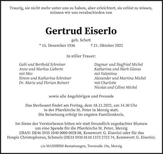 Todesanzeige von Gertrud Eiserlo von saarbruecker_zeitung