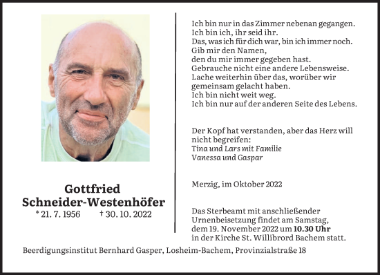 Todesanzeige von Gottfried Schneider-Westenhöfer von saarbruecker_zeitung