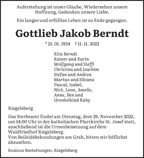 Todesanzeige von Gottlieb Jakob Berndt von saarbruecker_zeitung