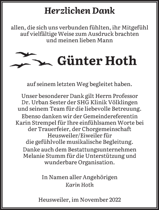 Todesanzeige von Günter Hoth von saarbruecker_zeitung
