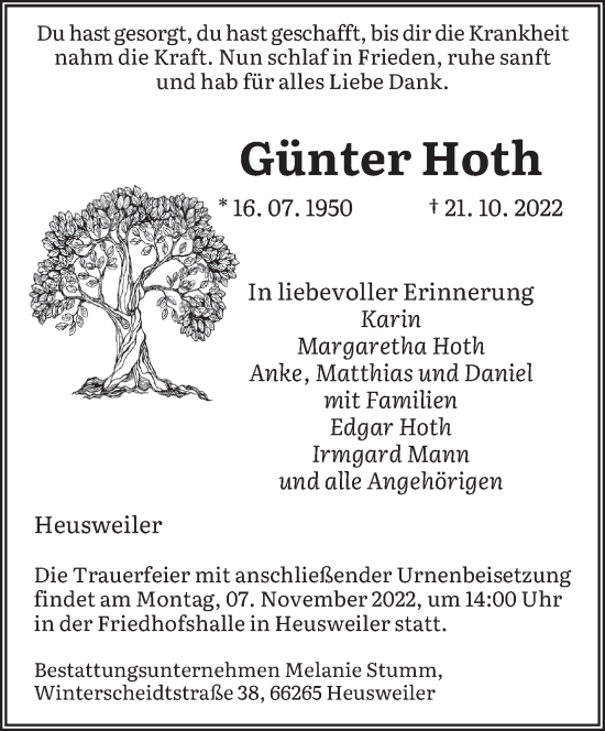 Todesanzeige von Günter Hoth von saarbruecker_zeitung