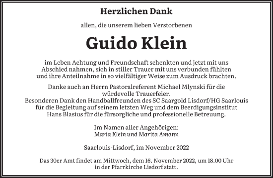 Todesanzeige von Guido Klein von saarbruecker_zeitung