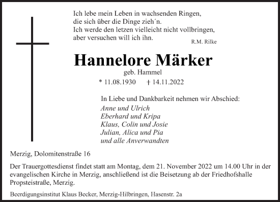 Todesanzeige von Hannelore Märker von saarbruecker_zeitung