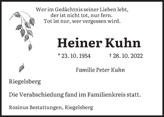 Todesanzeige von Heiner Kuhn von saarbruecker_zeitung