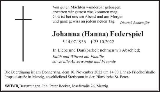 Todesanzeige von Johanna Federspiel von saarbruecker_zeitung