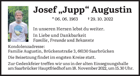 Todesanzeige von Josef Augustin von saarbruecker_zeitung