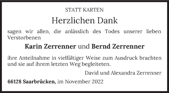Todesanzeige von Karin und Bernd Zerrenner von saarbruecker_zeitung