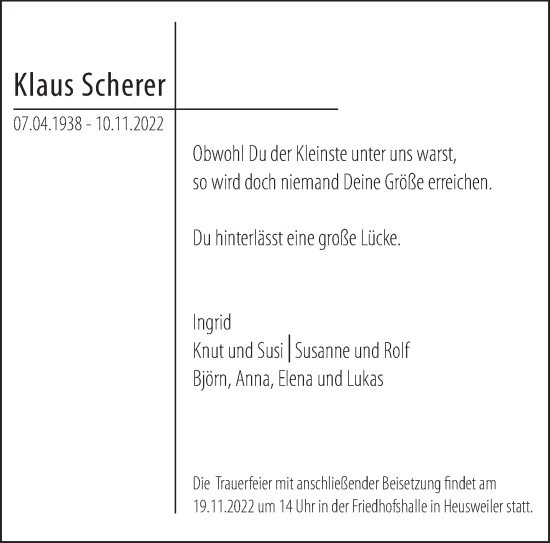 Todesanzeige von Klaus Scherer von saarbruecker_zeitung