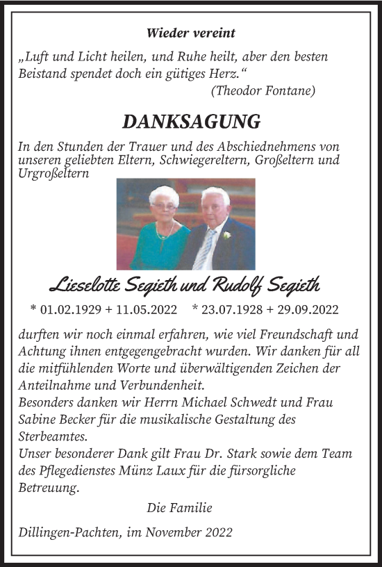 Todesanzeige von Lieselotte und Rudolf Segieth von saarbruecker_zeitung