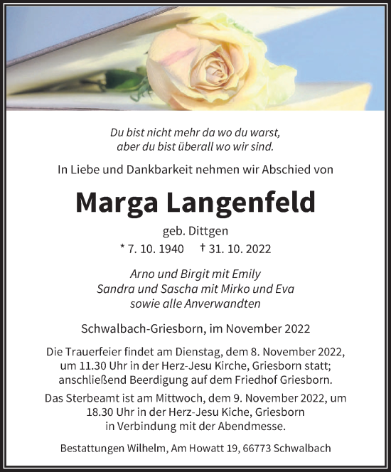Todesanzeige von Marga Langenfeld von saarbruecker_zeitung
