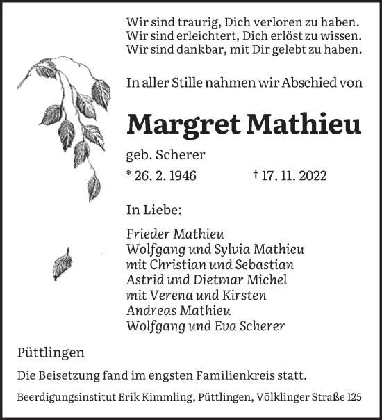 Todesanzeige von Margret Mathieu von saarbruecker_zeitung