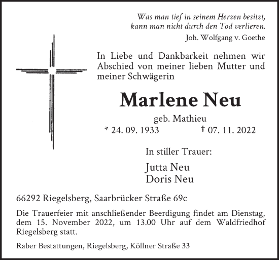 Todesanzeige von Marlene Neu von saarbruecker_zeitung