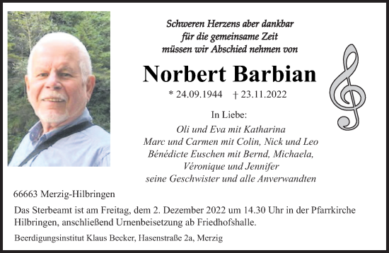Todesanzeige von Norbert Barbian von saarbruecker_zeitung