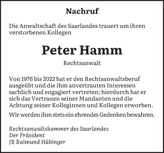 Todesanzeige von Peter Hamm von saarbruecker_zeitung