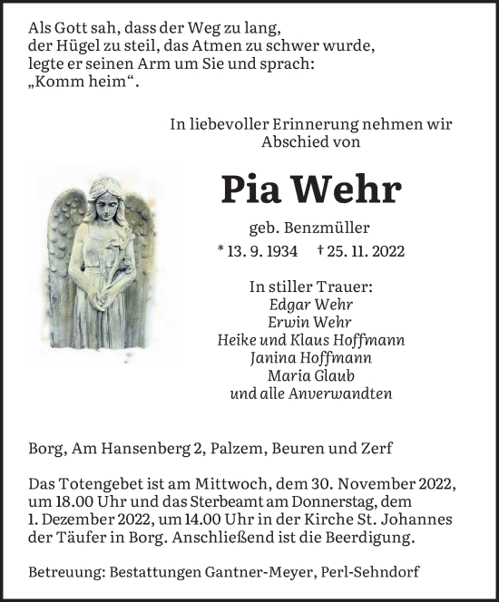 Todesanzeige von Pia Wehr von saarbruecker_zeitung