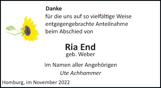 Todesanzeige von Ria End von saarbruecker_zeitung