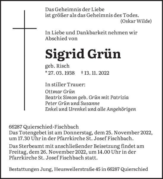Todesanzeige von Sigrid Grün von saarbruecker_zeitung