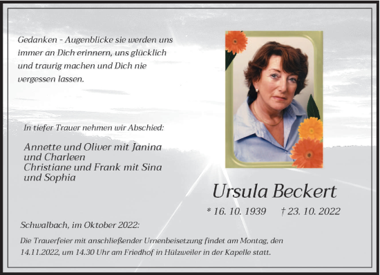 Todesanzeige von Ursula Beckert von saarbruecker_zeitung