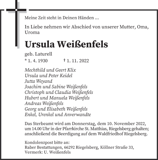 Todesanzeige von Ursula Weißenfels von saarbruecker_zeitung