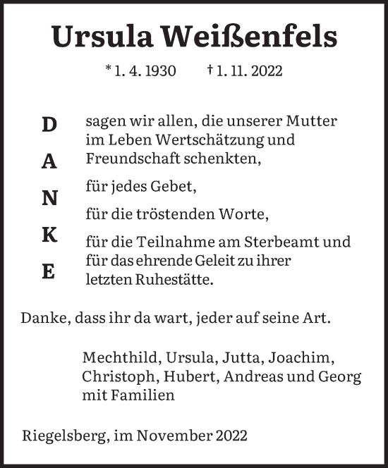 Todesanzeige von Ursula Weißenfels von saarbruecker_zeitung