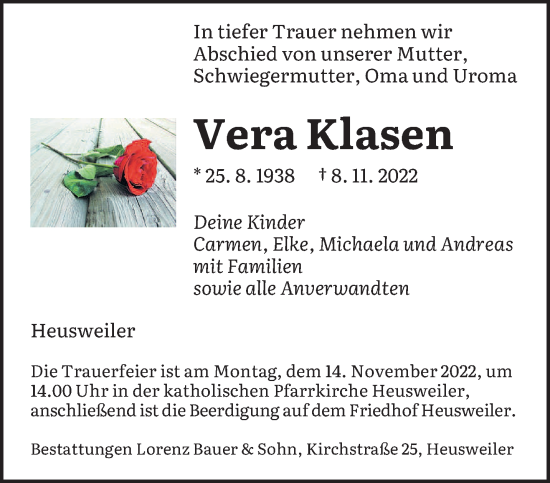 Todesanzeige von Vera Klasen von saarbruecker_zeitung