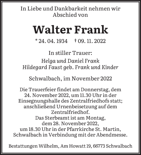 Todesanzeige von Walter Frank von saarbruecker_zeitung