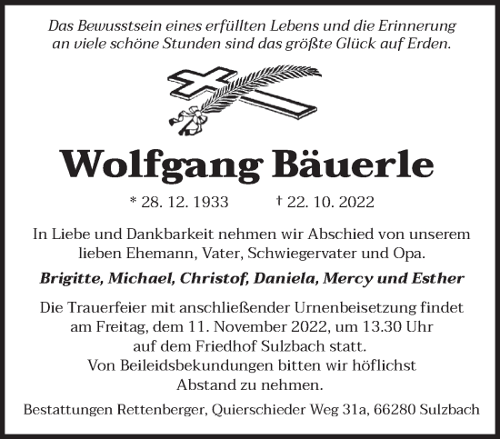 Todesanzeige von Wolfgang Bäuerle von saarbruecker_zeitung