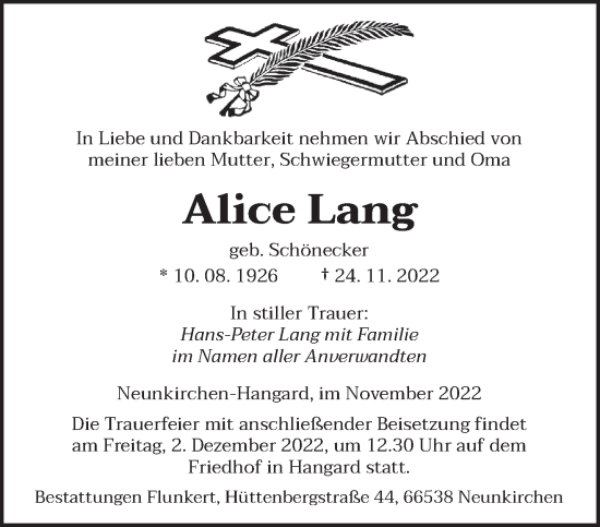 Todesanzeige von Alice Lang von saarbruecker_zeitung