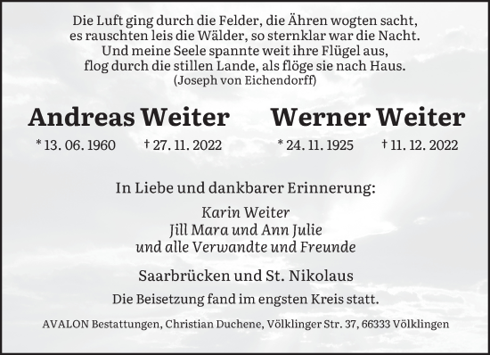 Todesanzeige von Andreas und Werner Weiter  von saarbruecker_zeitung