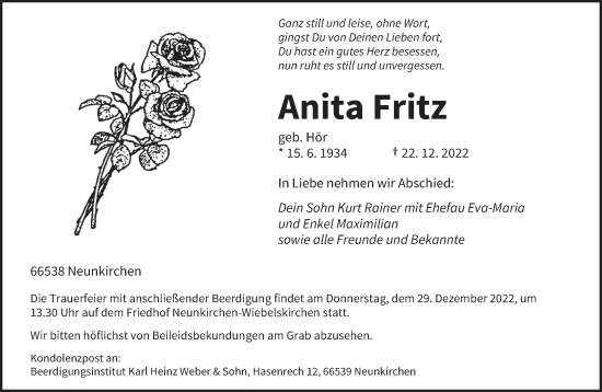 Todesanzeige von Anita Fritz von saarbruecker_zeitung