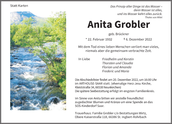 Todesanzeige von Anita Grobler von saarbruecker_zeitung
