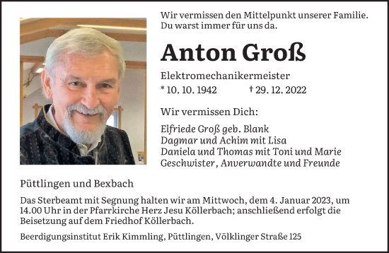 Todesanzeige von Anton Groß von saarbruecker_zeitung