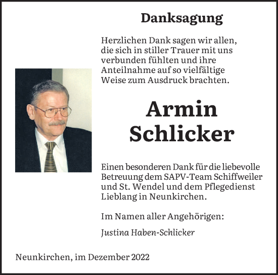 Todesanzeige von Armin Schlicker von saarbruecker_zeitung