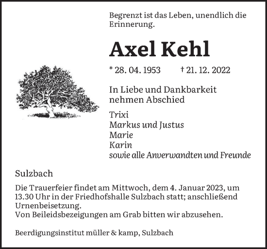 Todesanzeige von Axel Kehl von saarbruecker_zeitung